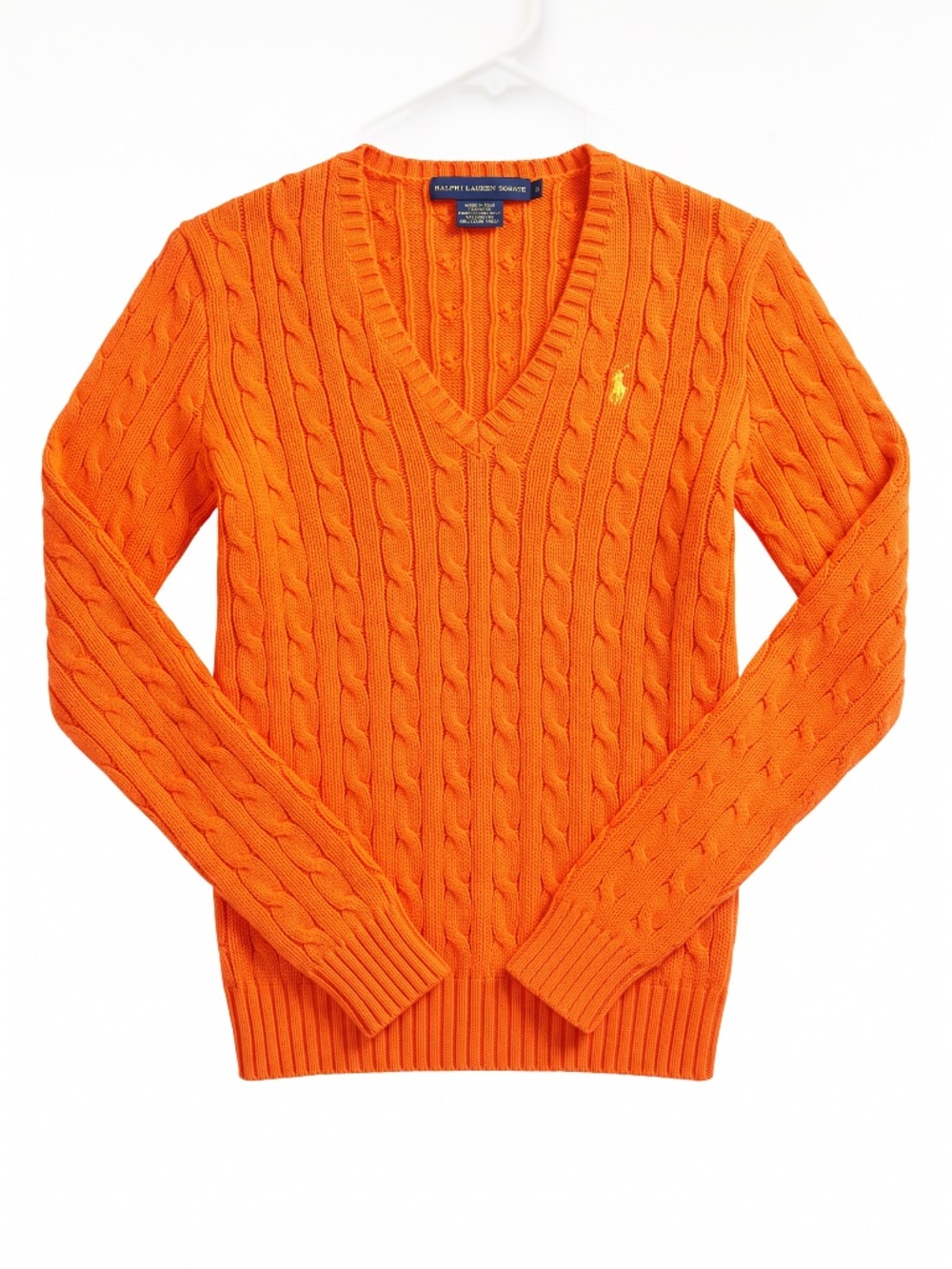 Ralph Lauren Sport Orange Cable Knit V-Neck Sweater 🧡 Cotton S Petite